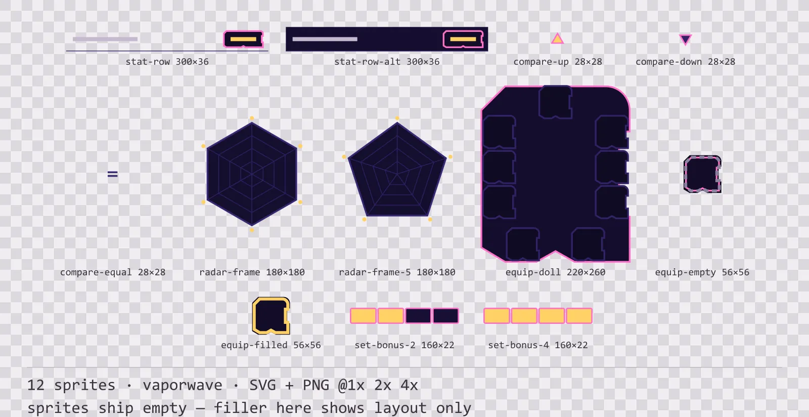 Sheet showing 12 vaporwave character sheet and stat widgets from the Mallwave family, arranged on a transparency checkerboard with their pixel sizes printed underneath