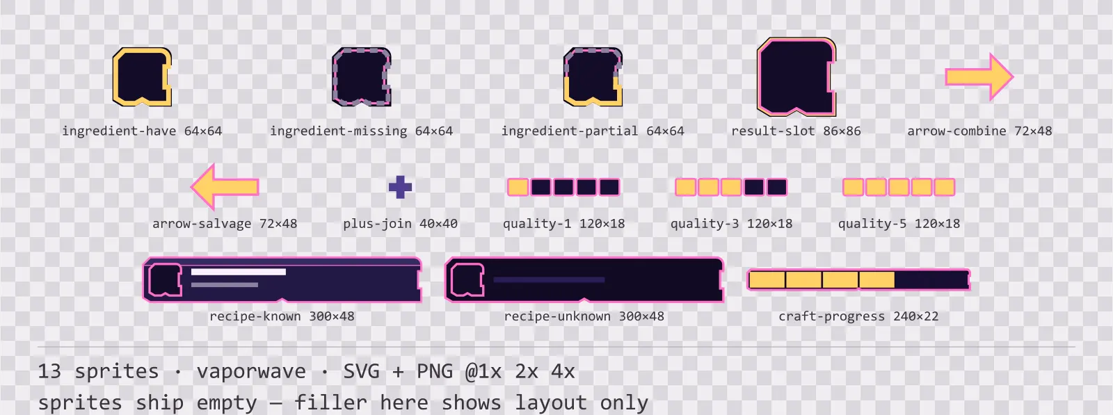 Sheet showing 13 vaporwave crafting and recipe widgets from the Mallwave family, arranged on a transparency checkerboard with their pixel sizes printed underneath