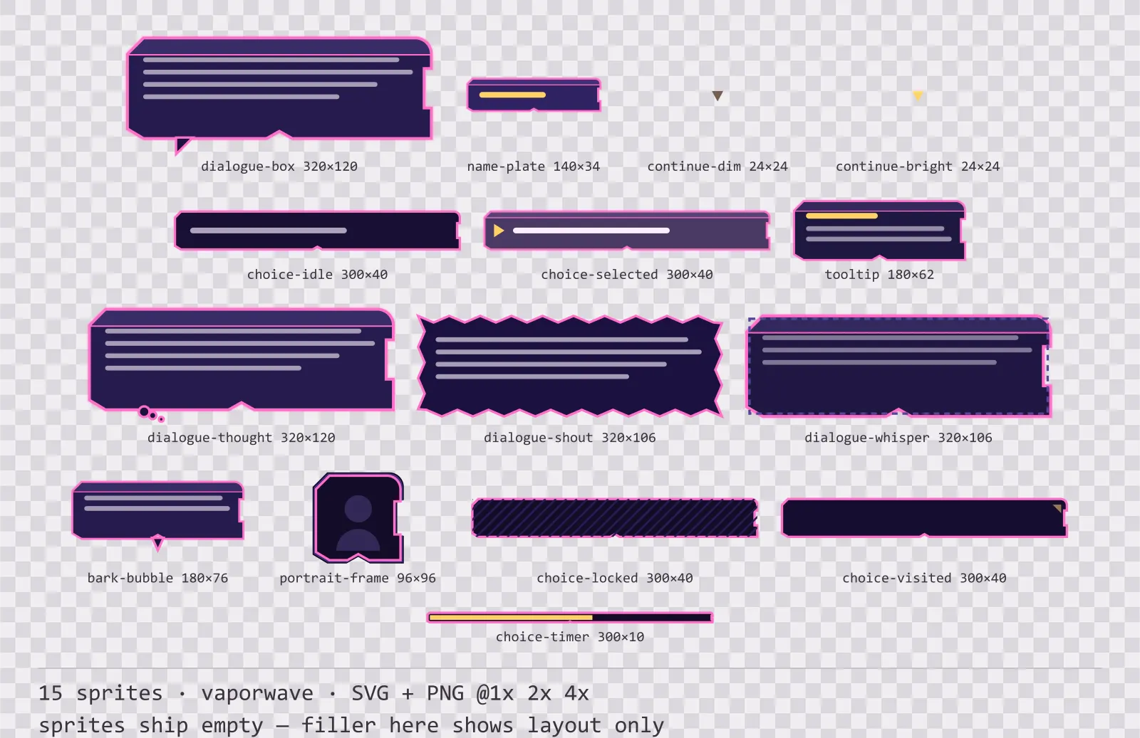 Sheet showing 15 vaporwave dialogue components from the Mallwave family, arranged on a transparency checkerboard with their pixel sizes printed underneath