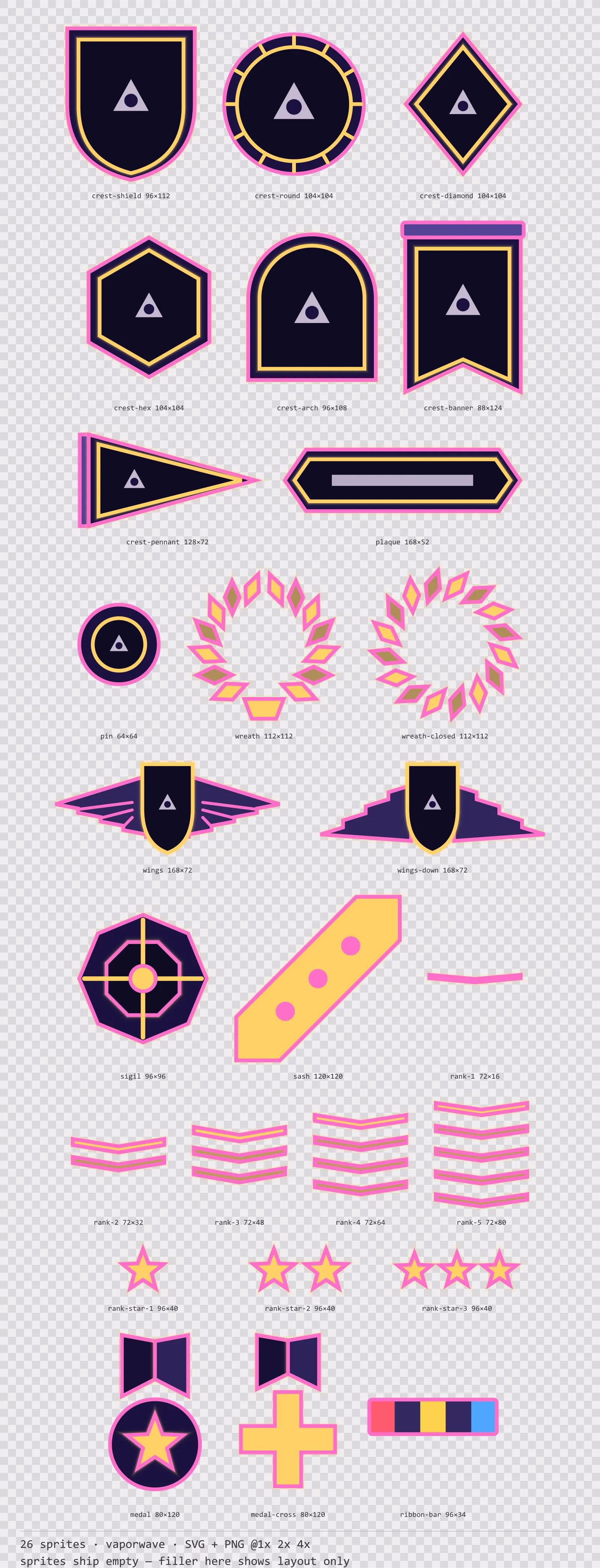 Sheet showing 26 vaporwave crests, insignia and rank marks from the Mallwave family, arranged on a transparency checkerboard with their pixel sizes printed underneath