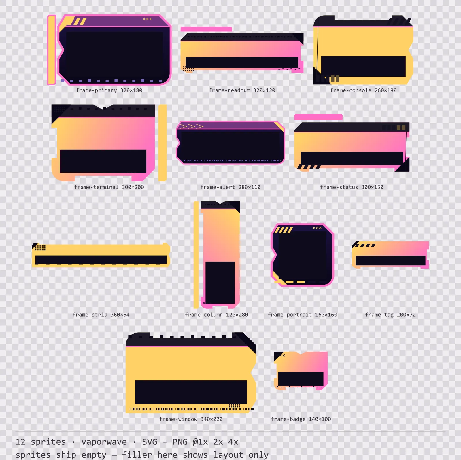 Sheet showing 12 vaporwave HUD frames from the Mallwave family, arranged on a transparency checkerboard with their pixel sizes printed underneath