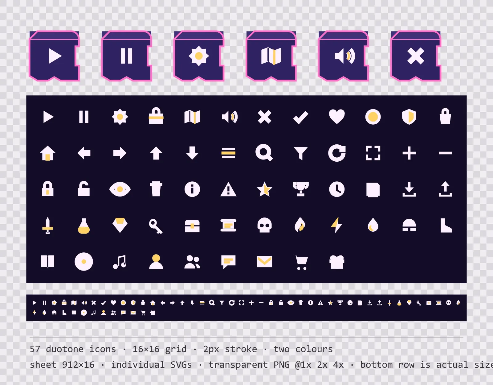 57 two-tone game menu icons on atrium light tiles, shown large, laid out on a sheet grid, and again at actual 16 pixel size