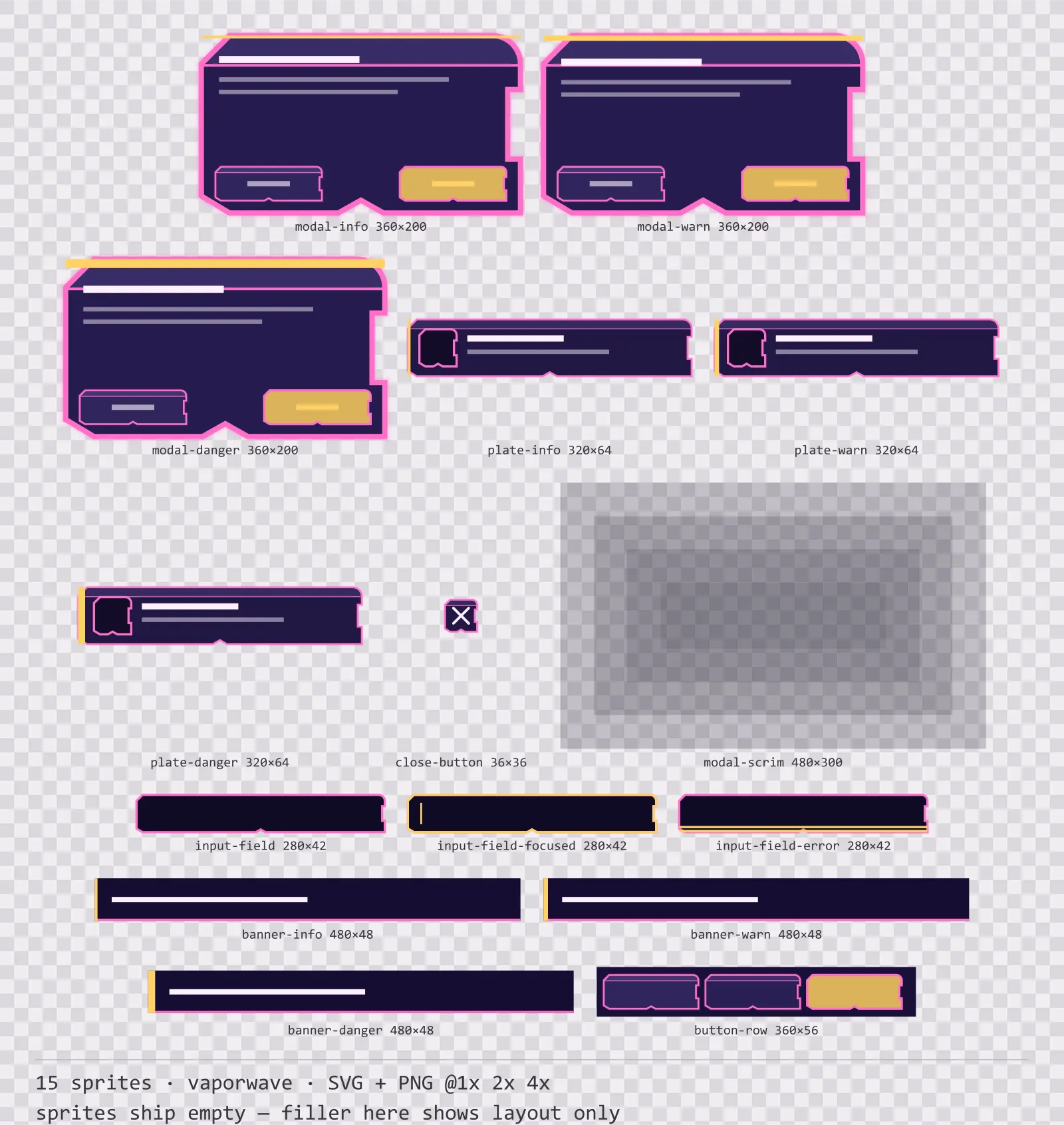 Sheet showing 15 vaporwave modal dialogs and system notices from the Mallwave family, arranged on a transparency checkerboard with their pixel sizes printed underneath