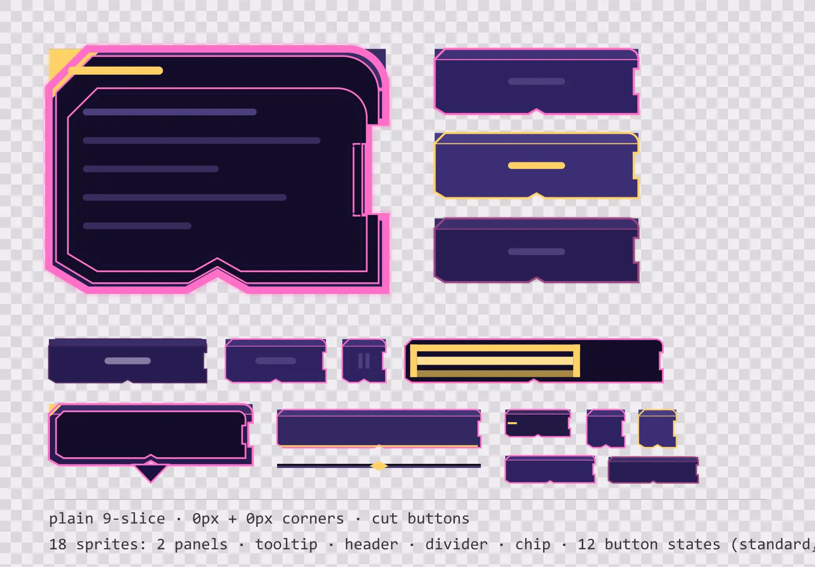 atrium light game menu panel with a sunbleached gold title strip and a recessed list area, next to a column showing the same chamfered button in default, outlined hover and pushed-in pressed states