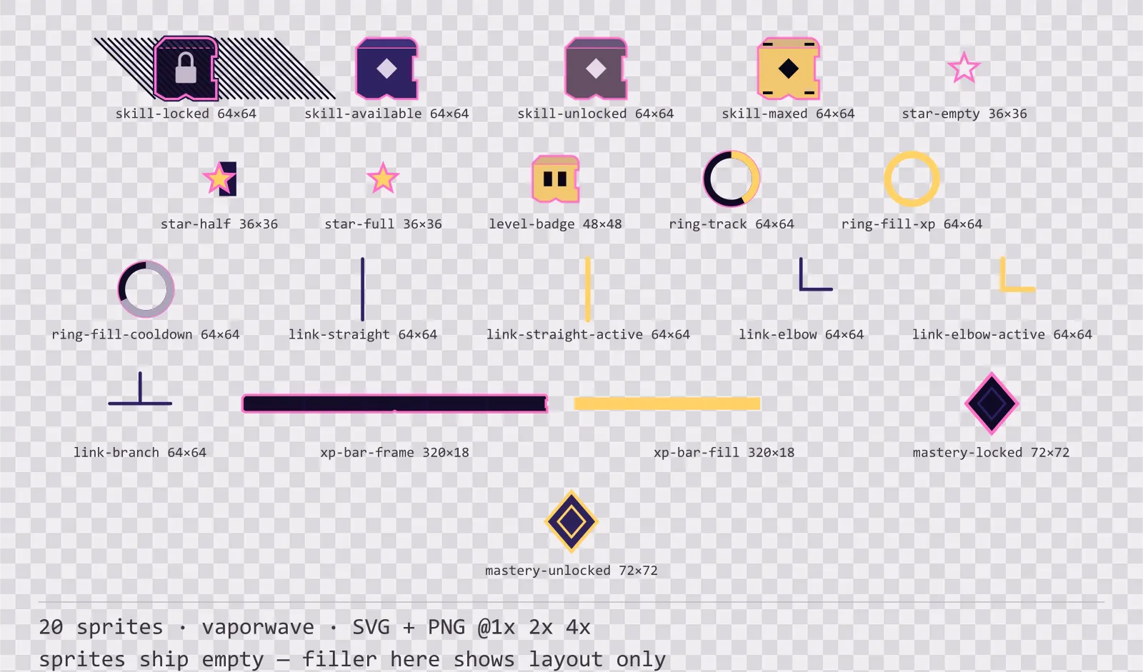 Sheet showing 20 vaporwave progression and reward components from the Mallwave family, arranged on a transparency checkerboard with their pixel sizes printed underneath