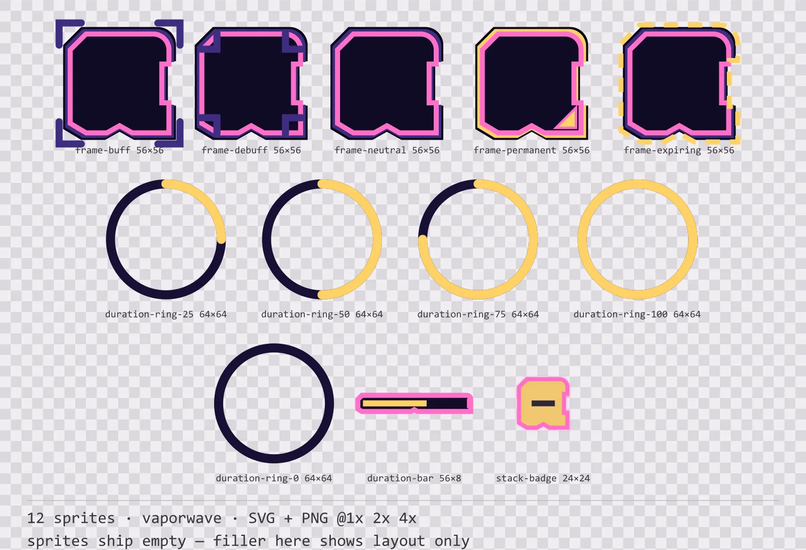Sheet showing 12 vaporwave status effect frames and duration indicators from the Mallwave family, arranged on a transparency checkerboard with their pixel sizes printed underneath