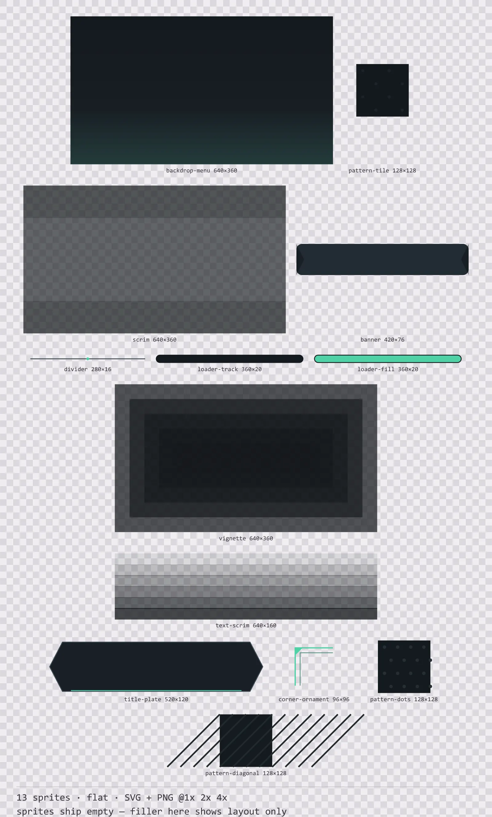 Sheet showing 13 flat background and overlay pieces from the Mint family, arranged on a transparency checkerboard with their pixel sizes printed underneath