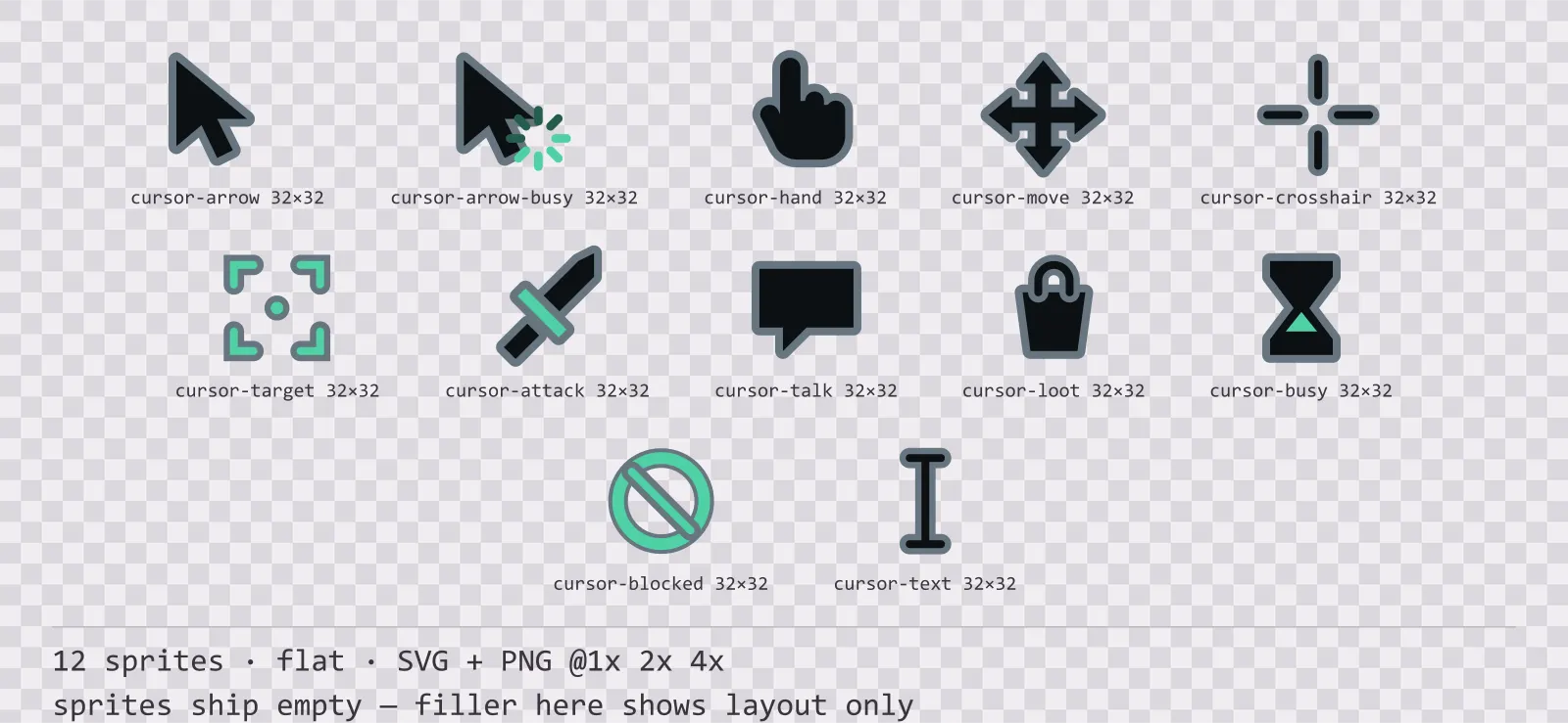 Sheet showing 12 flat mouse cursors from the Mint family, arranged on a transparency checkerboard with their pixel sizes printed underneath