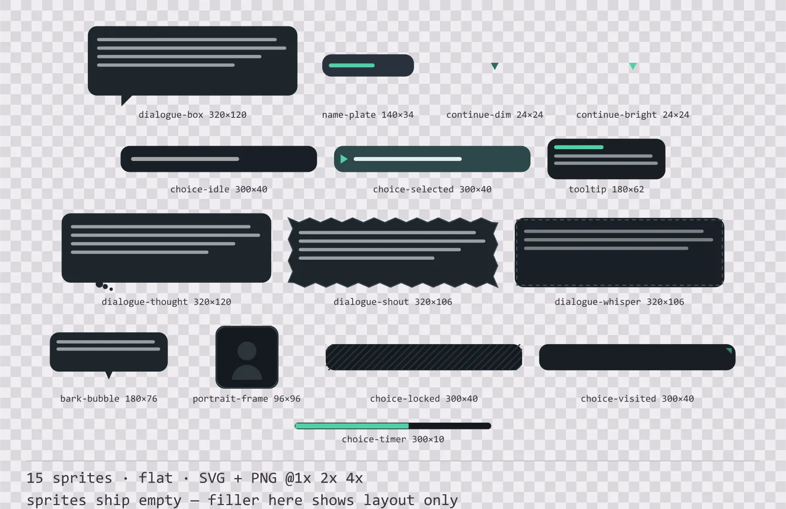 Sheet showing 15 flat dialogue components from the Mint family, arranged on a transparency checkerboard with their pixel sizes printed underneath