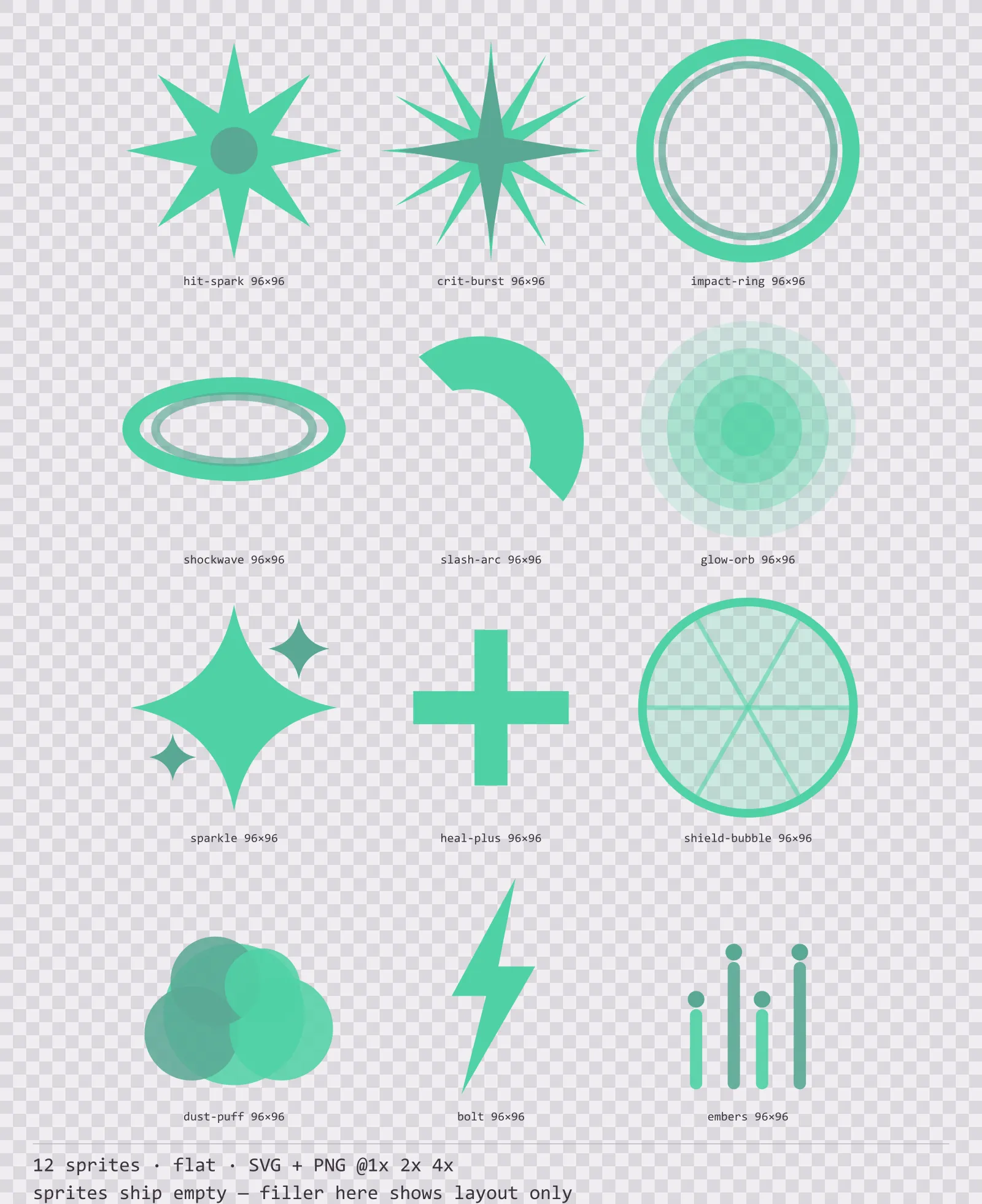 Sheet showing 12 flat impact and effect sprites from the Mint family, arranged on a transparency checkerboard with their pixel sizes printed underneath