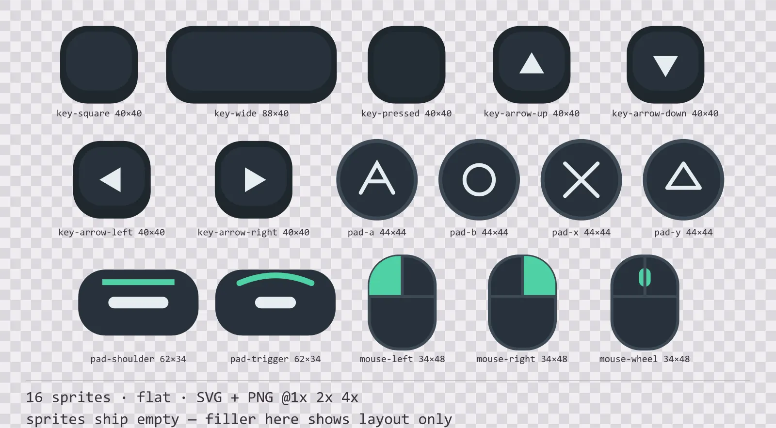 Sheet showing 16 flat input prompt sprites from the Mint family, arranged on a transparency checkerboard with their pixel sizes printed underneath