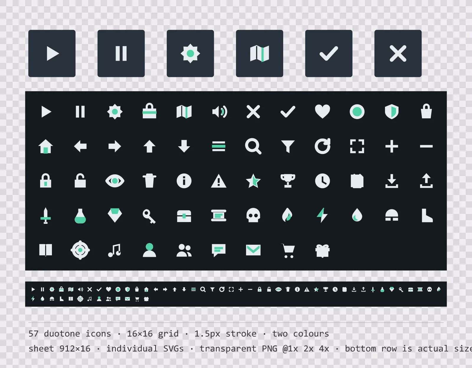 57 two-tone game menu icons on cool slate tiles, shown large, laid out on a sheet grid, and again at actual 16 pixel size