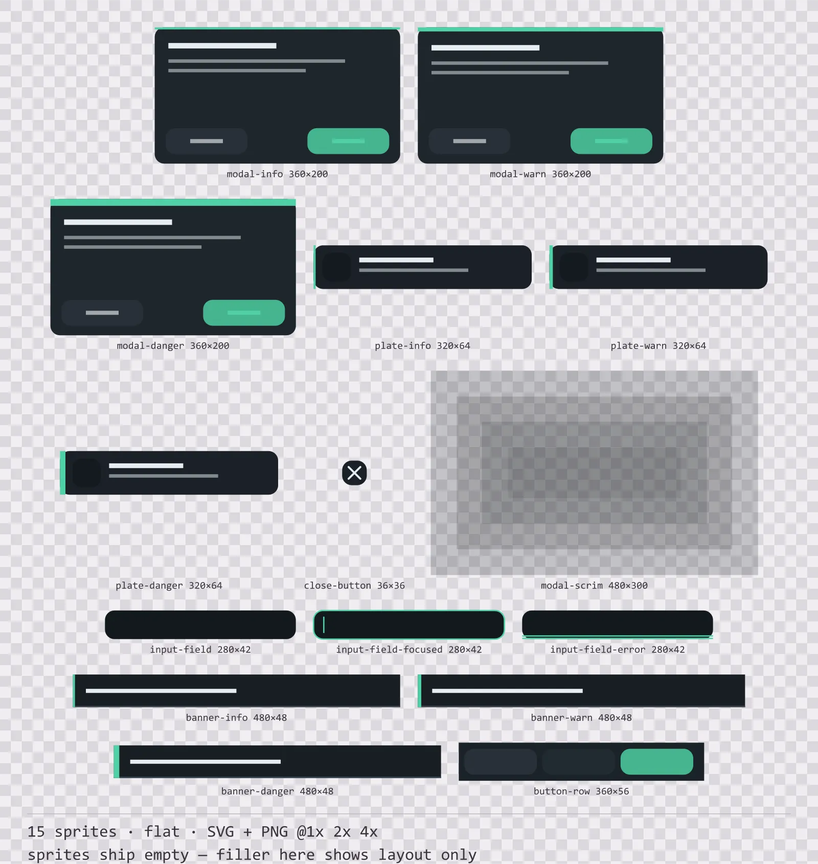 Sheet showing 15 flat modal dialogs and system notices from the Mint family, arranged on a transparency checkerboard with their pixel sizes printed underneath