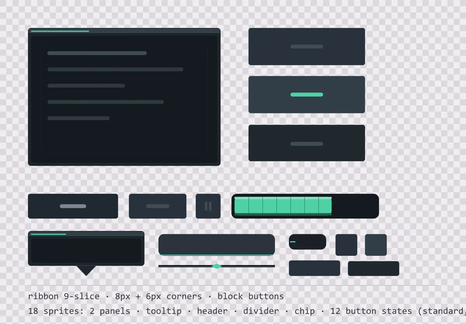 cool slate game menu panel with a mint green title strip and a recessed list area, next to a column showing the same square button in default, outlined hover and pushed-in pressed states