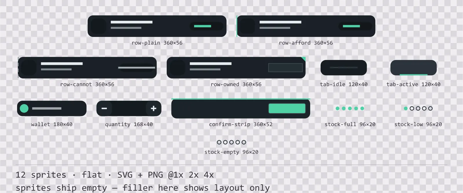 Sheet showing 12 flat shop and economy widgets from the Mint family, arranged on a transparency checkerboard with their pixel sizes printed underneath
