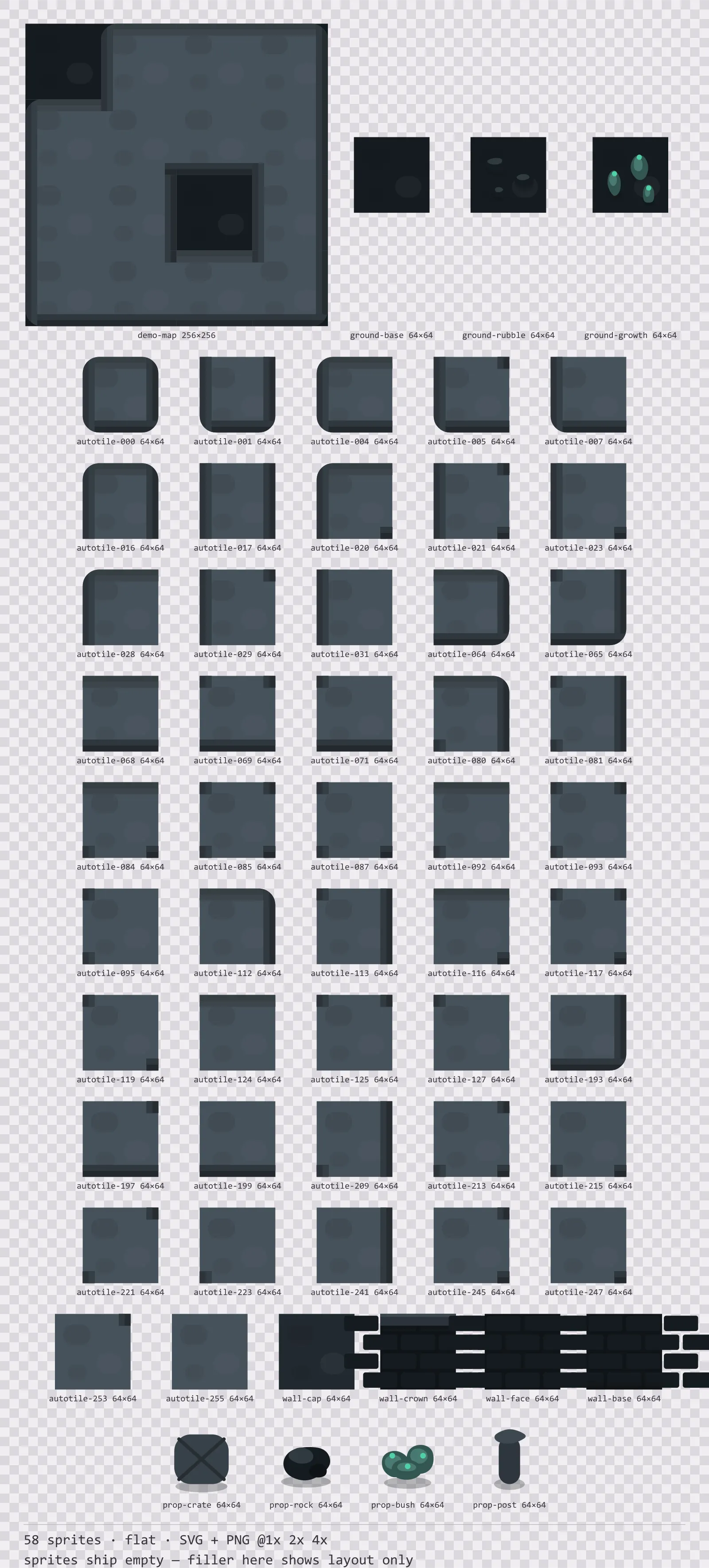 Sheet showing 58 flat tiles from the Mint family, arranged on a transparency checkerboard with their pixel sizes printed underneath