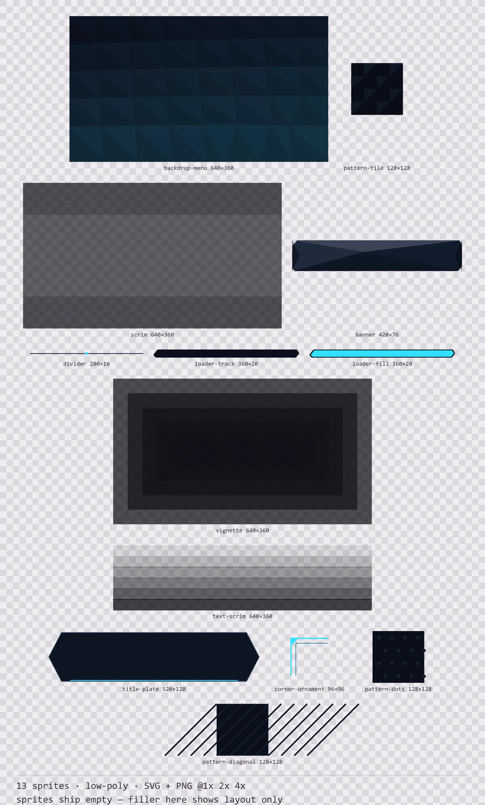 Sheet showing 13 low-poly background and overlay pieces from the Neon family, arranged on a transparency checkerboard with their pixel sizes printed underneath