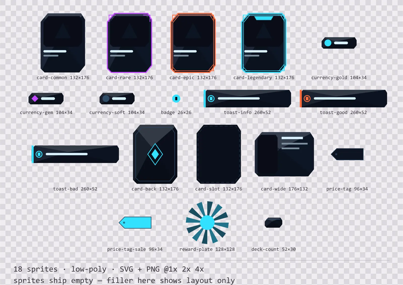 Sheet showing 18 low-poly card, currency and notification components from the Neon family, arranged on a transparency checkerboard with their pixel sizes printed underneath
