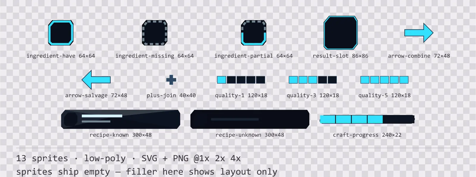 Sheet showing 13 low-poly crafting and recipe widgets from the Neon family, arranged on a transparency checkerboard with their pixel sizes printed underneath