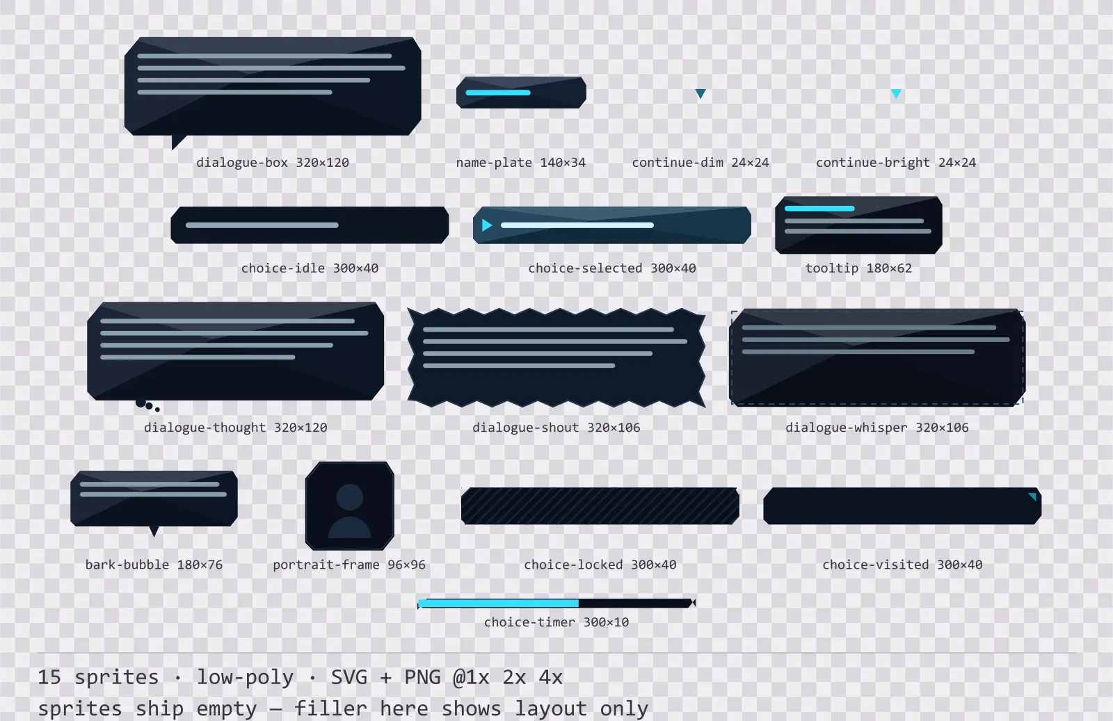 Sheet showing 15 low-poly dialogue components from the Neon family, arranged on a transparency checkerboard with their pixel sizes printed underneath