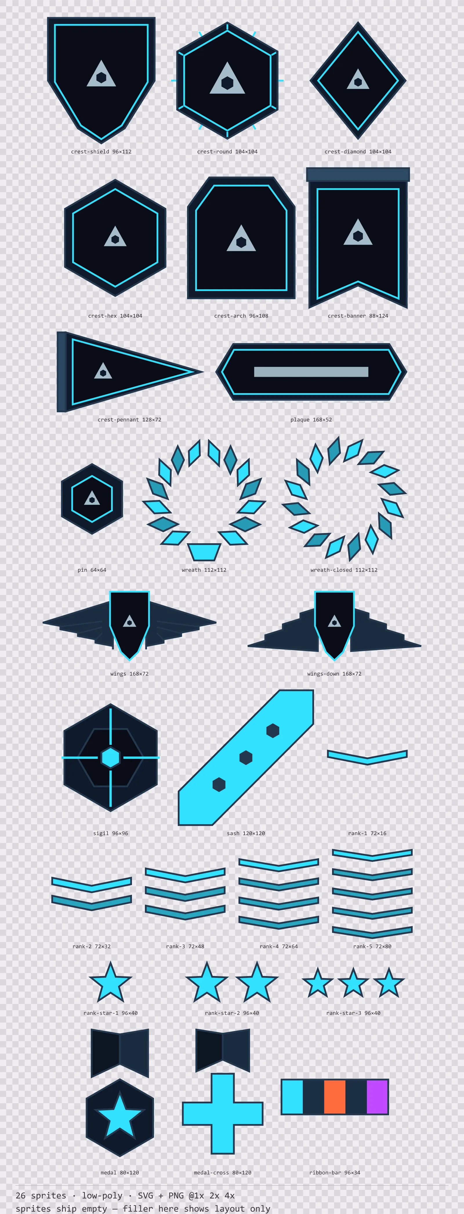 Sheet showing 26 low-poly crests, insignia and rank marks from the Neon family, arranged on a transparency checkerboard with their pixel sizes printed underneath