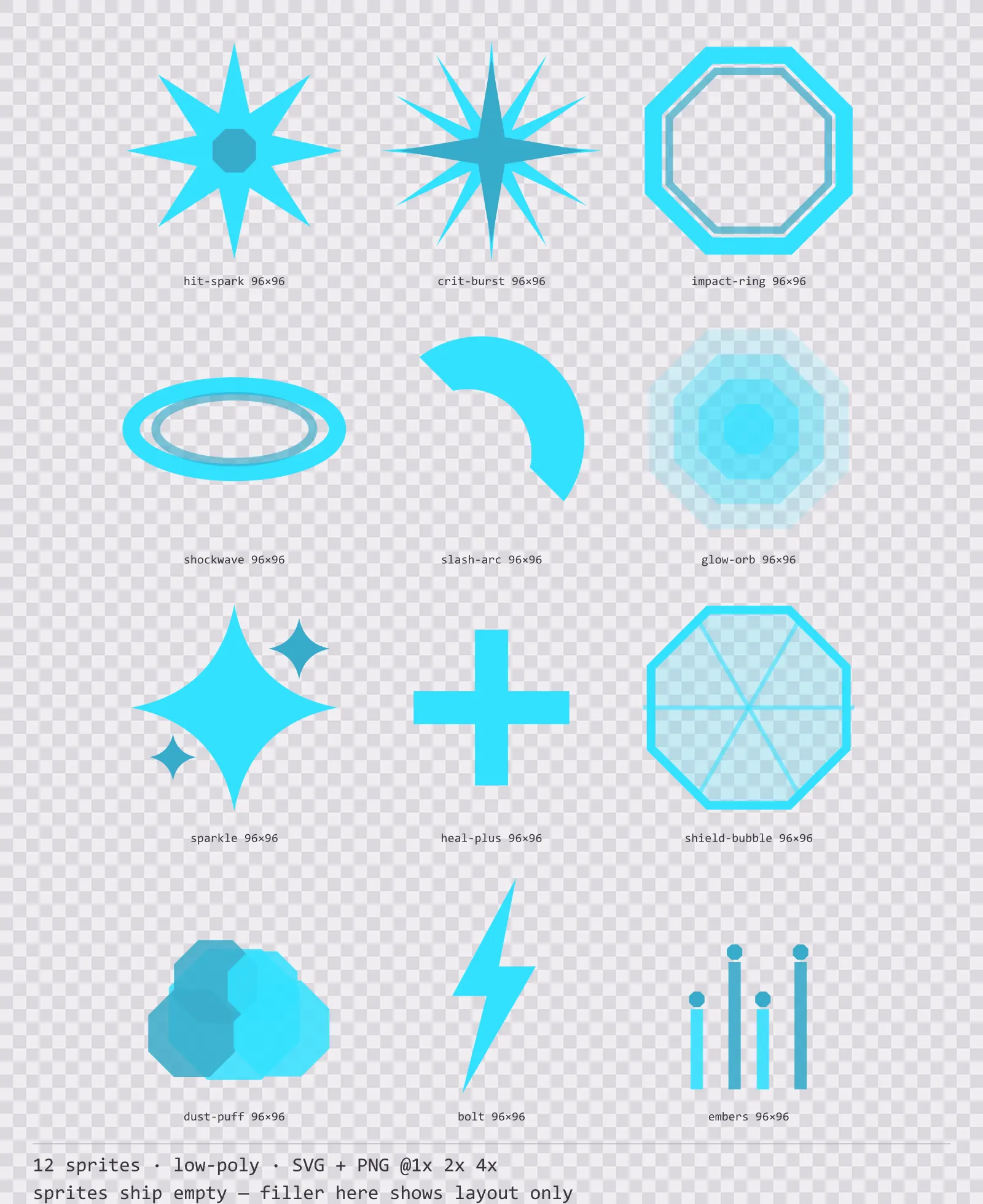Sheet showing 12 low-poly impact and effect sprites from the Neon family, arranged on a transparency checkerboard with their pixel sizes printed underneath