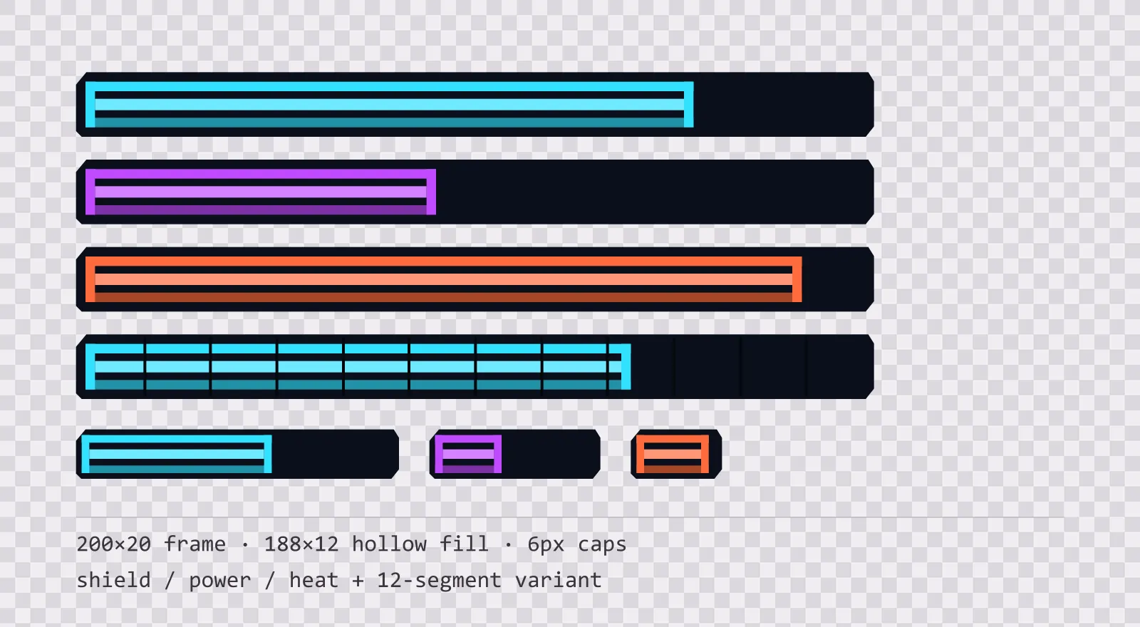 Three horizontal game status bars stacked on a checkerboard background, filled to different levels for shield, power and heat, with a segmented 12-notch bar and three smaller bars beneath them