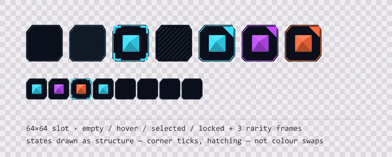 A row of square game inventory slots on a checkerboard background showing empty, hover, selected with corner ticks, and diagonally hatched locked states, followed by coloured rarity frames and a tiled eight-slot grid
