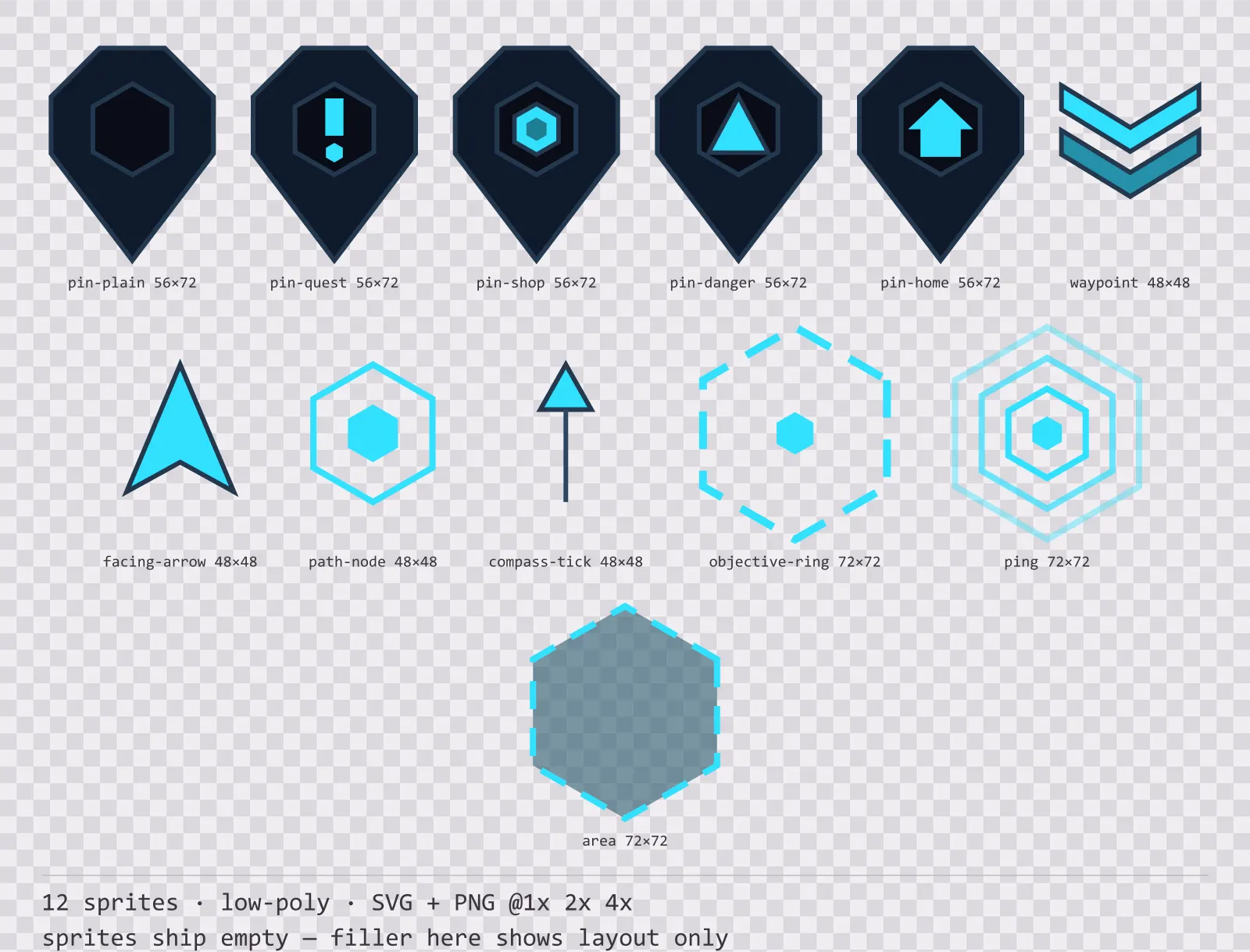 Sheet showing 12 low-poly map markers and world indicators from the Neon family, arranged on a transparency checkerboard with their pixel sizes printed underneath