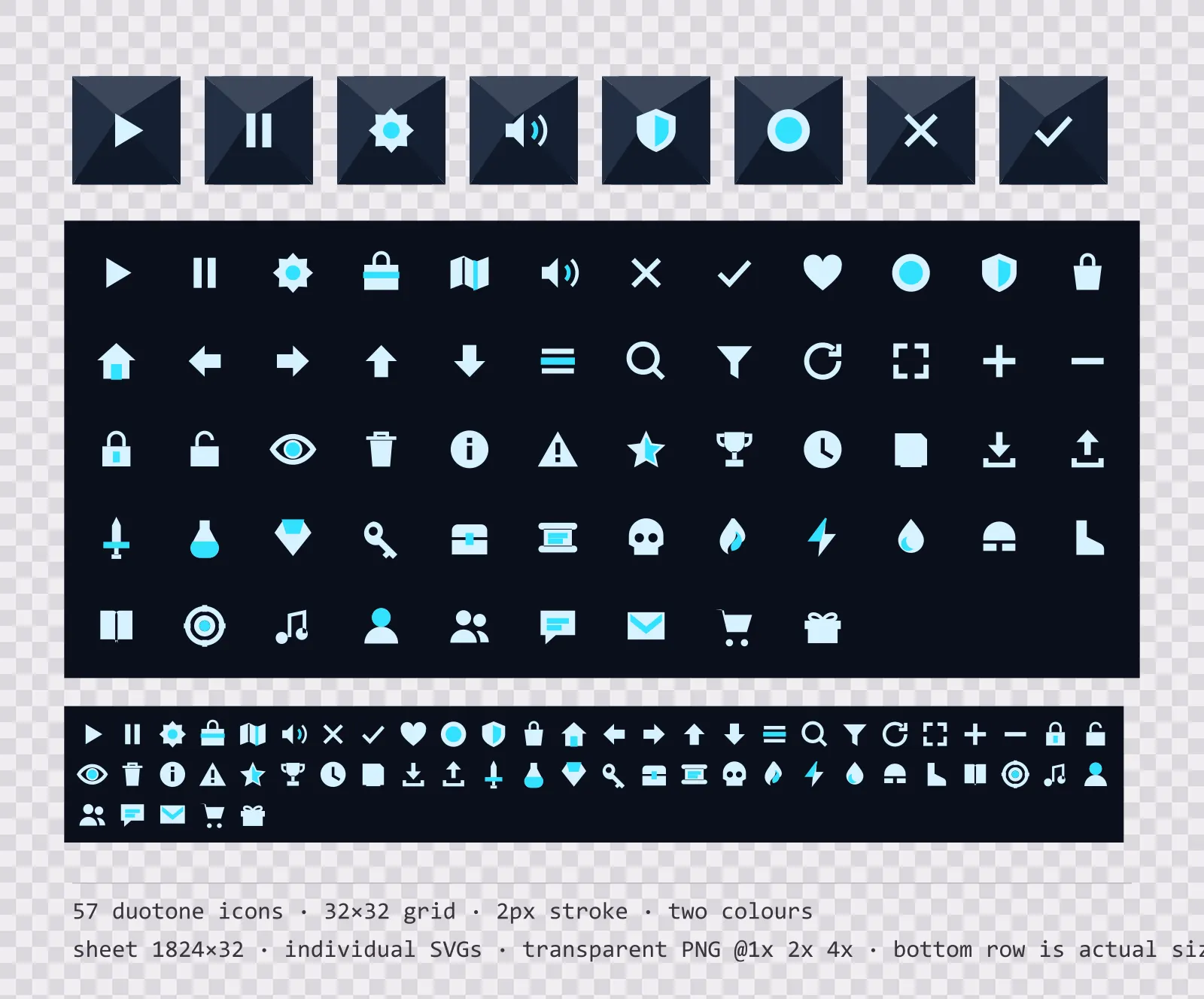 57 two-tone game menu icons on high-contrast neon tiles, shown large, laid out on a sheet grid, and again at actual 32 pixel size