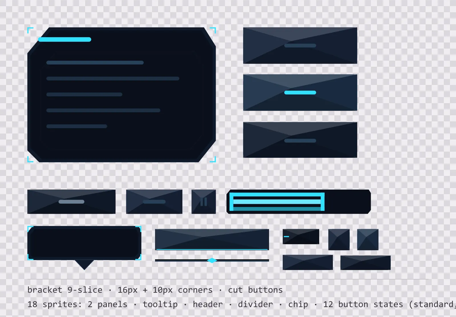 high-contrast neon game menu panel with a cyan title strip and a recessed list area, next to a column showing the same chamfered button in default, outlined hover and pushed-in pressed states