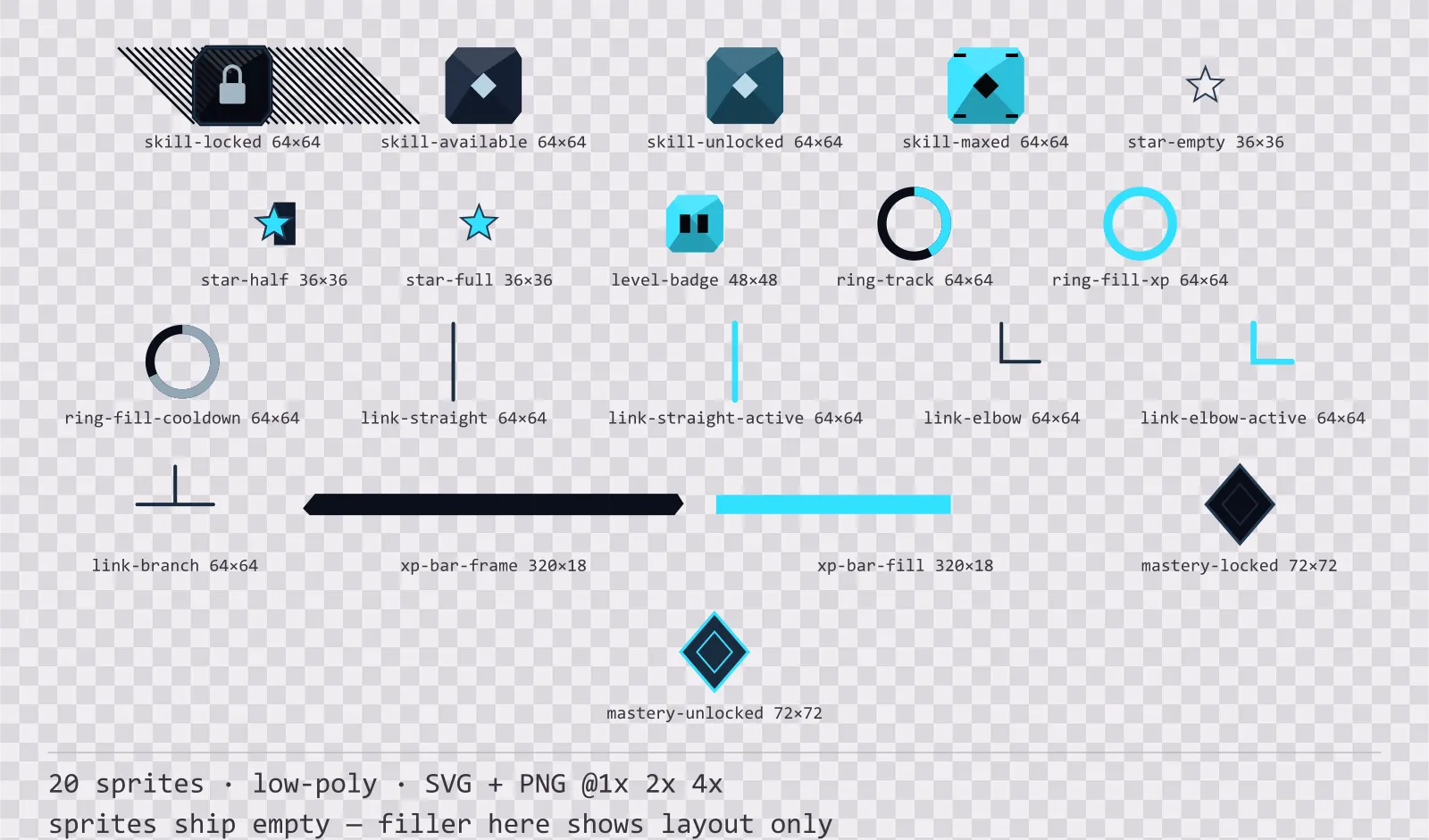 Sheet showing 20 low-poly progression and reward components from the Neon family, arranged on a transparency checkerboard with their pixel sizes printed underneath