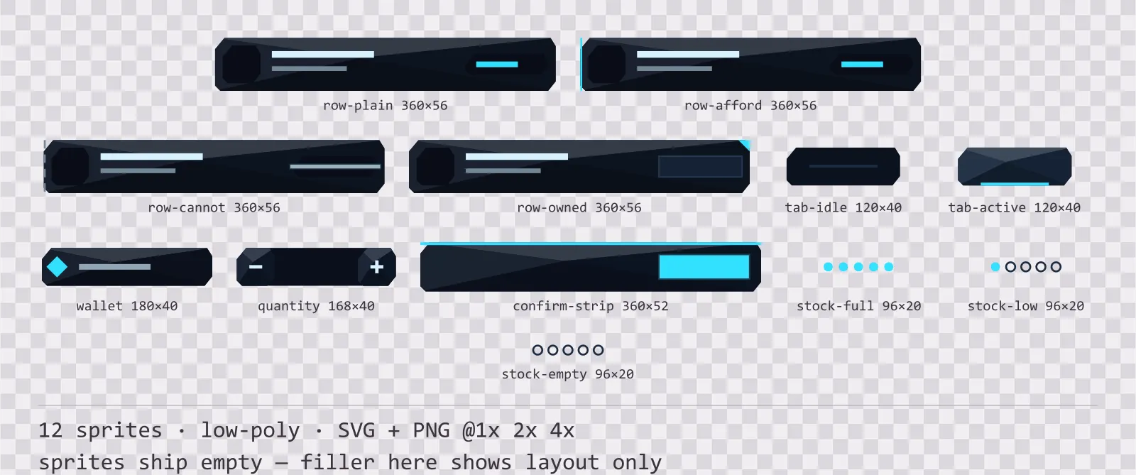 Sheet showing 12 low-poly shop and economy widgets from the Neon family, arranged on a transparency checkerboard with their pixel sizes printed underneath