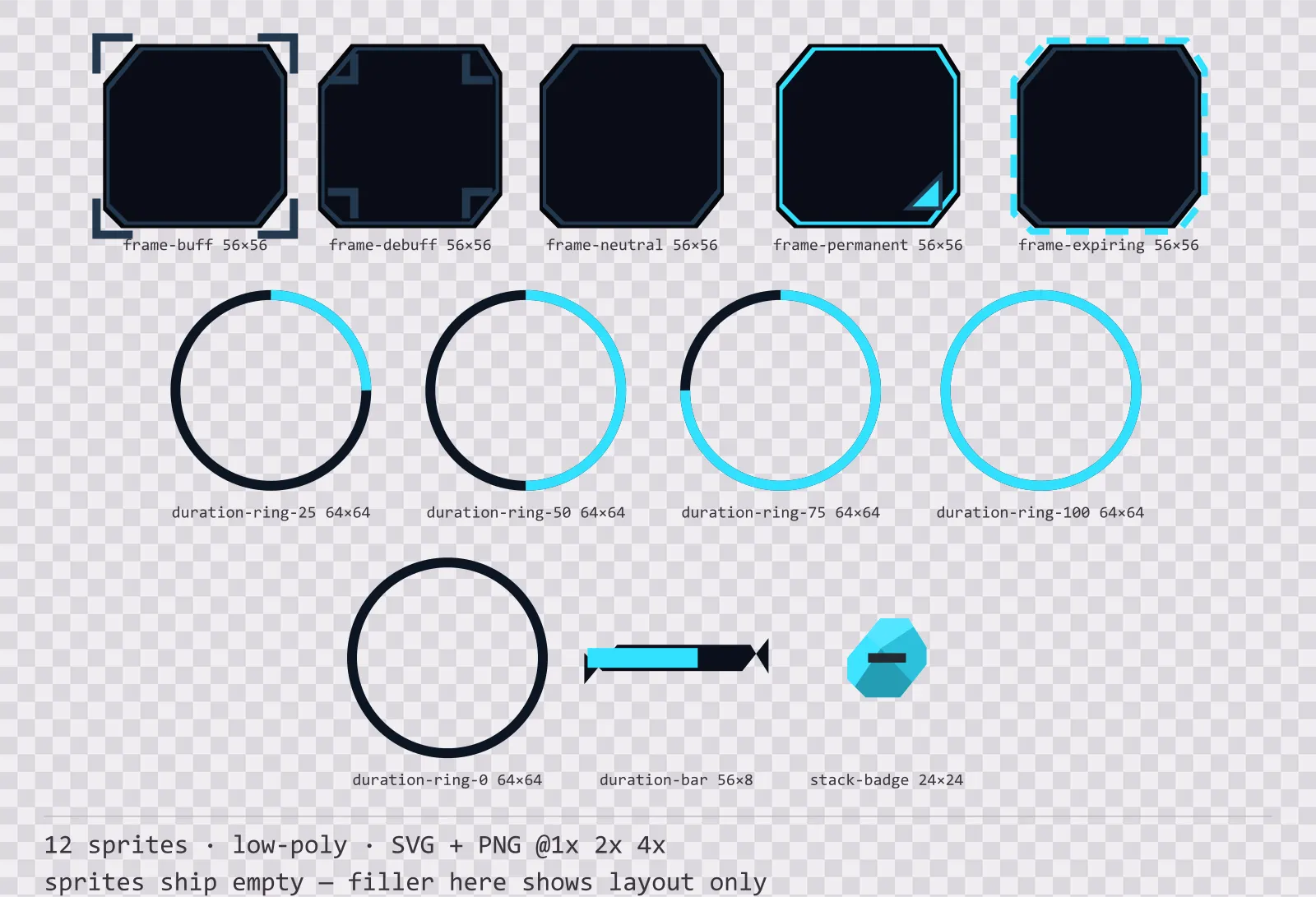 Sheet showing 12 low-poly status effect frames and duration indicators from the Neon family, arranged on a transparency checkerboard with their pixel sizes printed underneath