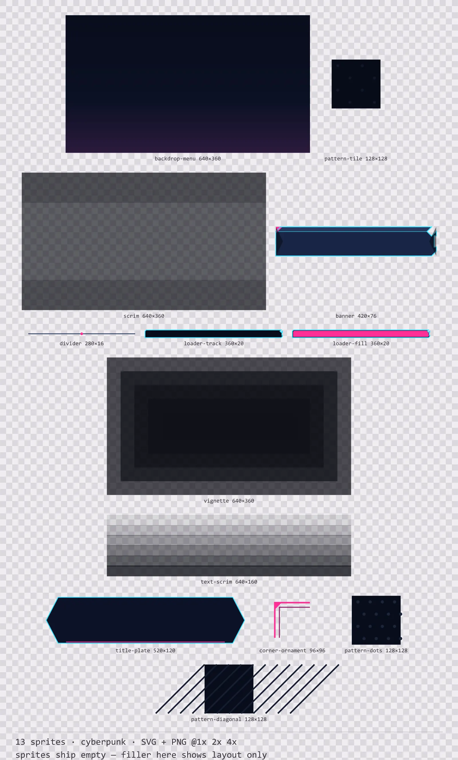 Sheet showing 13 cyberpunk background and overlay pieces from the Nightcity family, arranged on a transparency checkerboard with their pixel sizes printed underneath