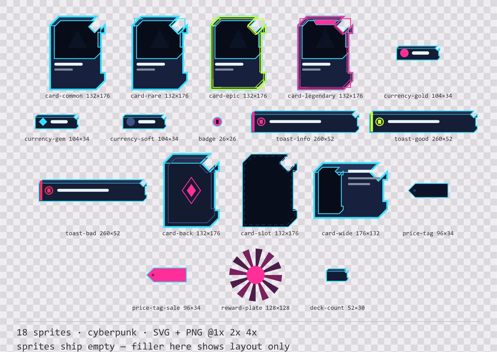 Sheet showing 18 cyberpunk card, currency and notification components from the Nightcity family, arranged on a transparency checkerboard with their pixel sizes printed underneath