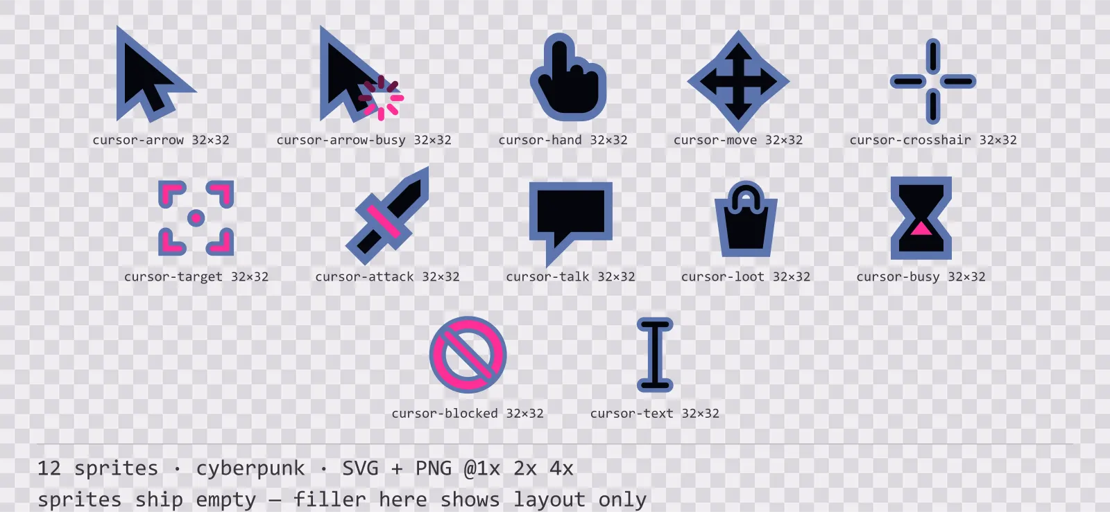 Sheet showing 12 cyberpunk mouse cursors from the Nightcity family, arranged on a transparency checkerboard with their pixel sizes printed underneath