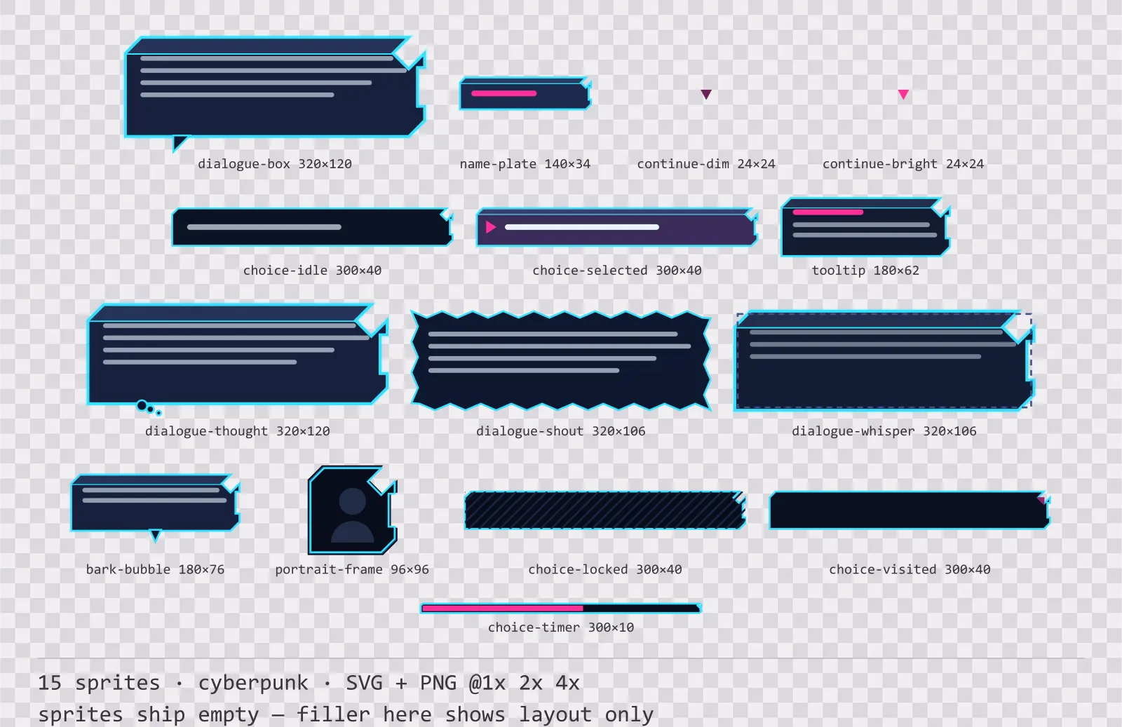 Sheet showing 15 cyberpunk dialogue components from the Nightcity family, arranged on a transparency checkerboard with their pixel sizes printed underneath