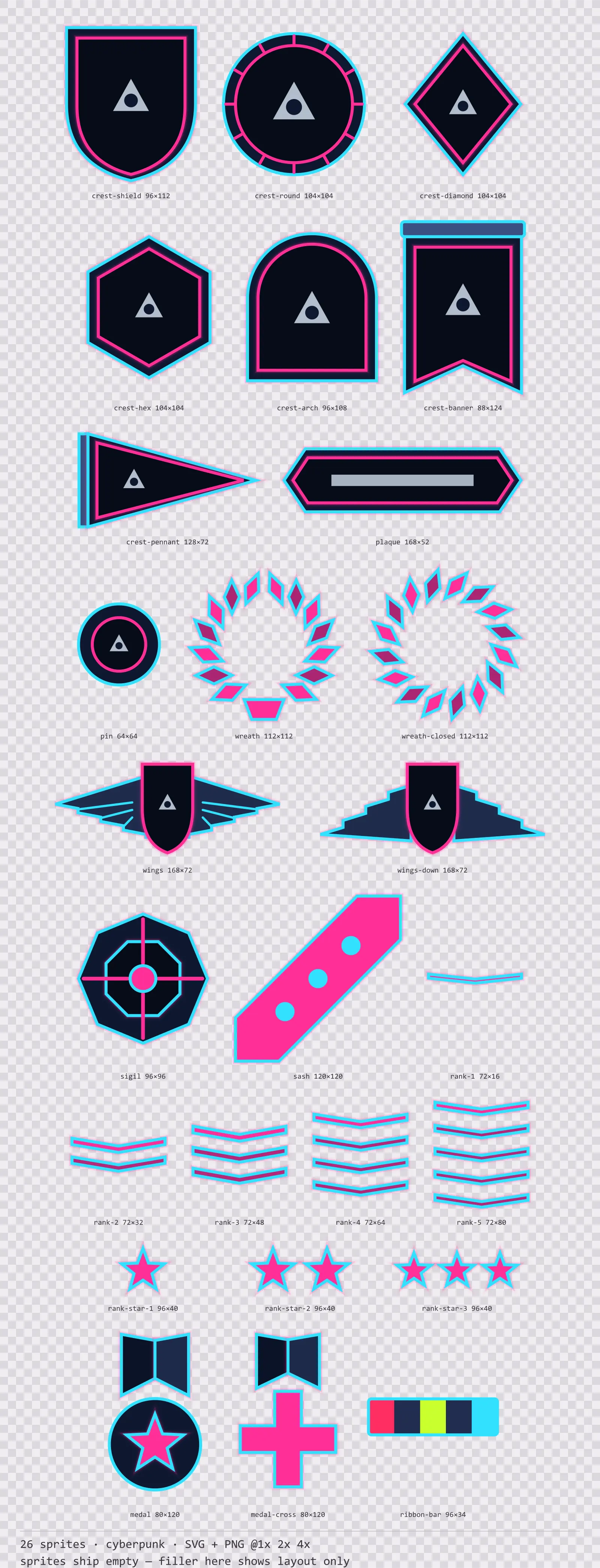 Sheet showing 26 cyberpunk crests, insignia and rank marks from the Nightcity family, arranged on a transparency checkerboard with their pixel sizes printed underneath