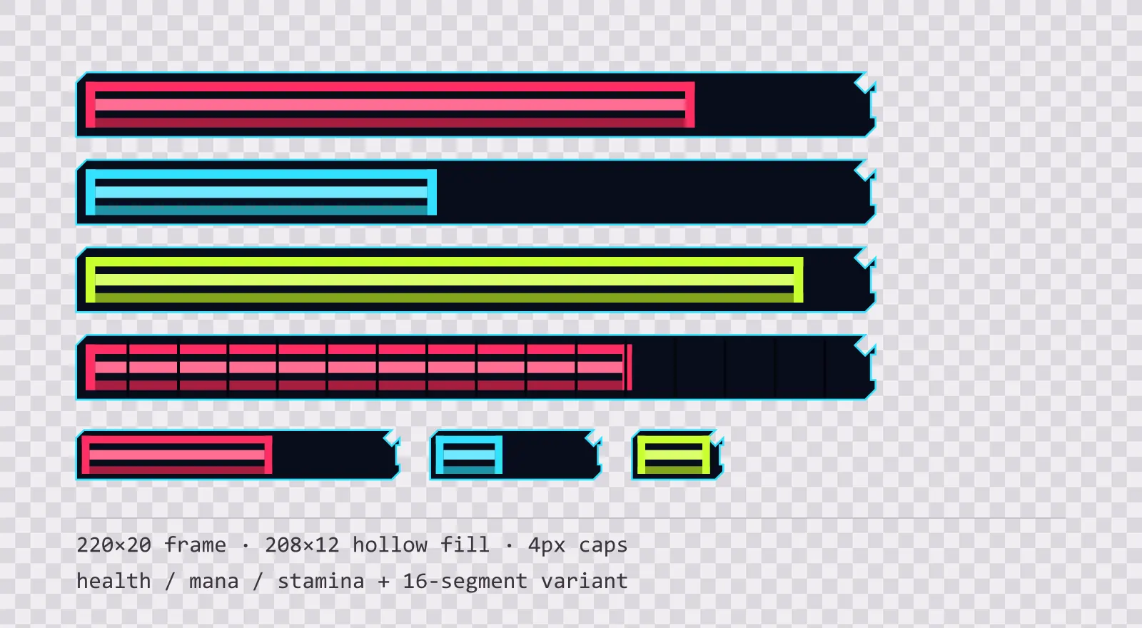 Three horizontal game status bars stacked on a checkerboard background, filled to different levels for health, mana and stamina, with a segmented 16-notch bar and three smaller bars beneath them