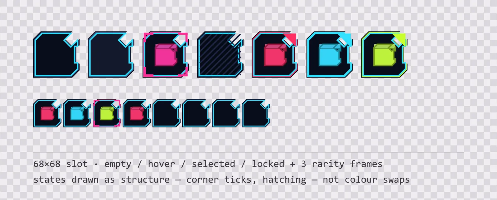 A row of square game inventory slots on a checkerboard background showing empty, hover, selected with corner ticks, and diagonally hatched locked states, followed by coloured rarity frames and a tiled eight-slot grid