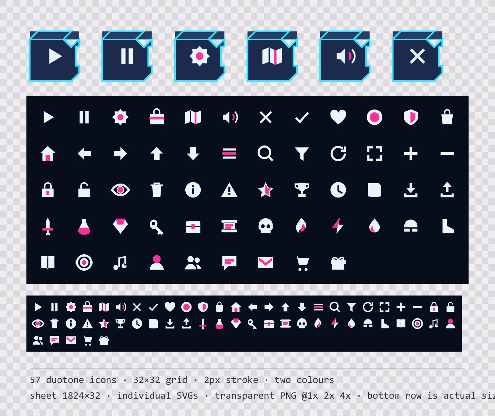 57 two-tone game menu icons on neon night tiles, shown large, laid out on a sheet grid, and again at actual 32 pixel size