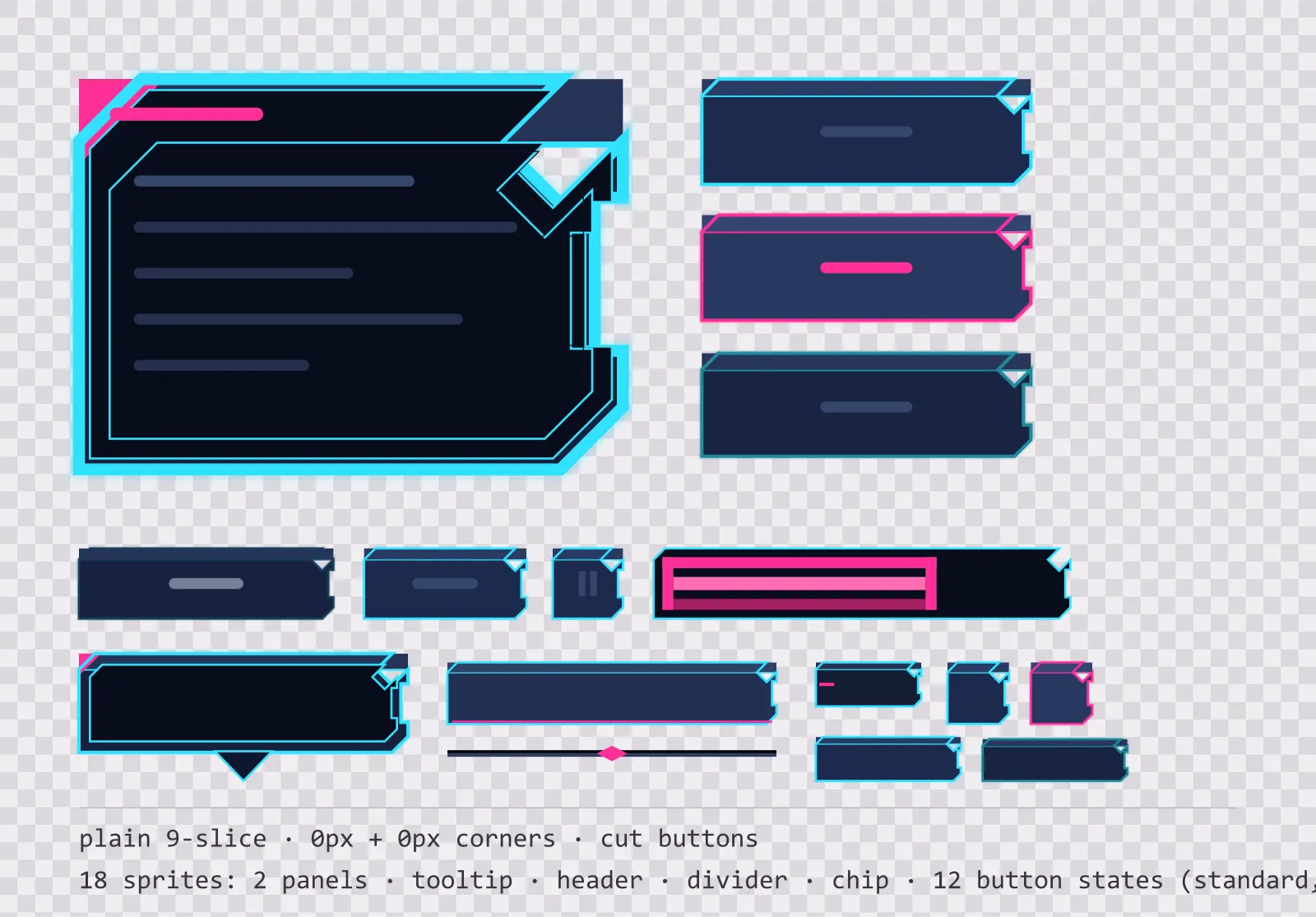 neon night game menu panel with a hot magenta title strip and a recessed list area, next to a column showing the same chamfered button in default, outlined hover and pushed-in pressed states