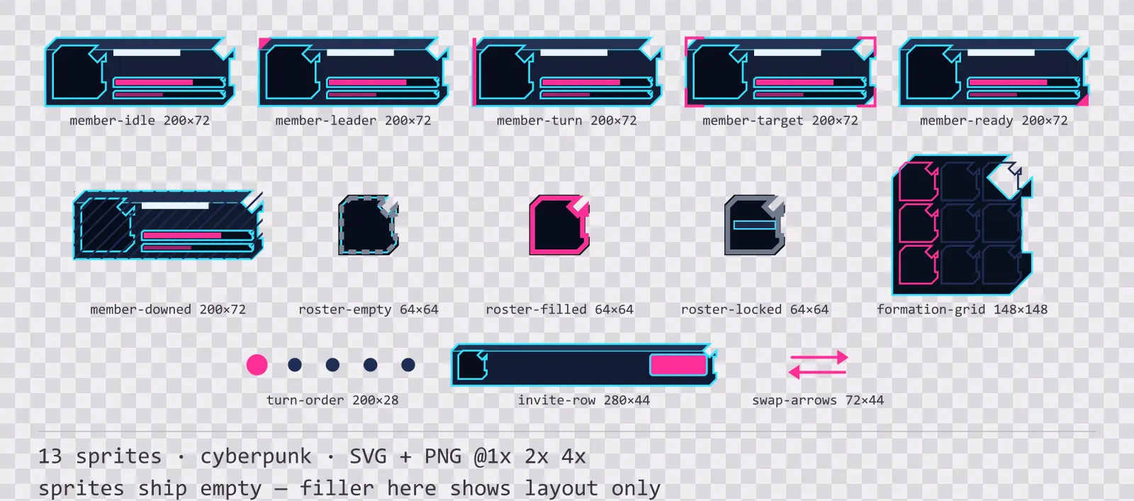 Sheet showing 13 cyberpunk party and roster widgets from the Nightcity family, arranged on a transparency checkerboard with their pixel sizes printed underneath