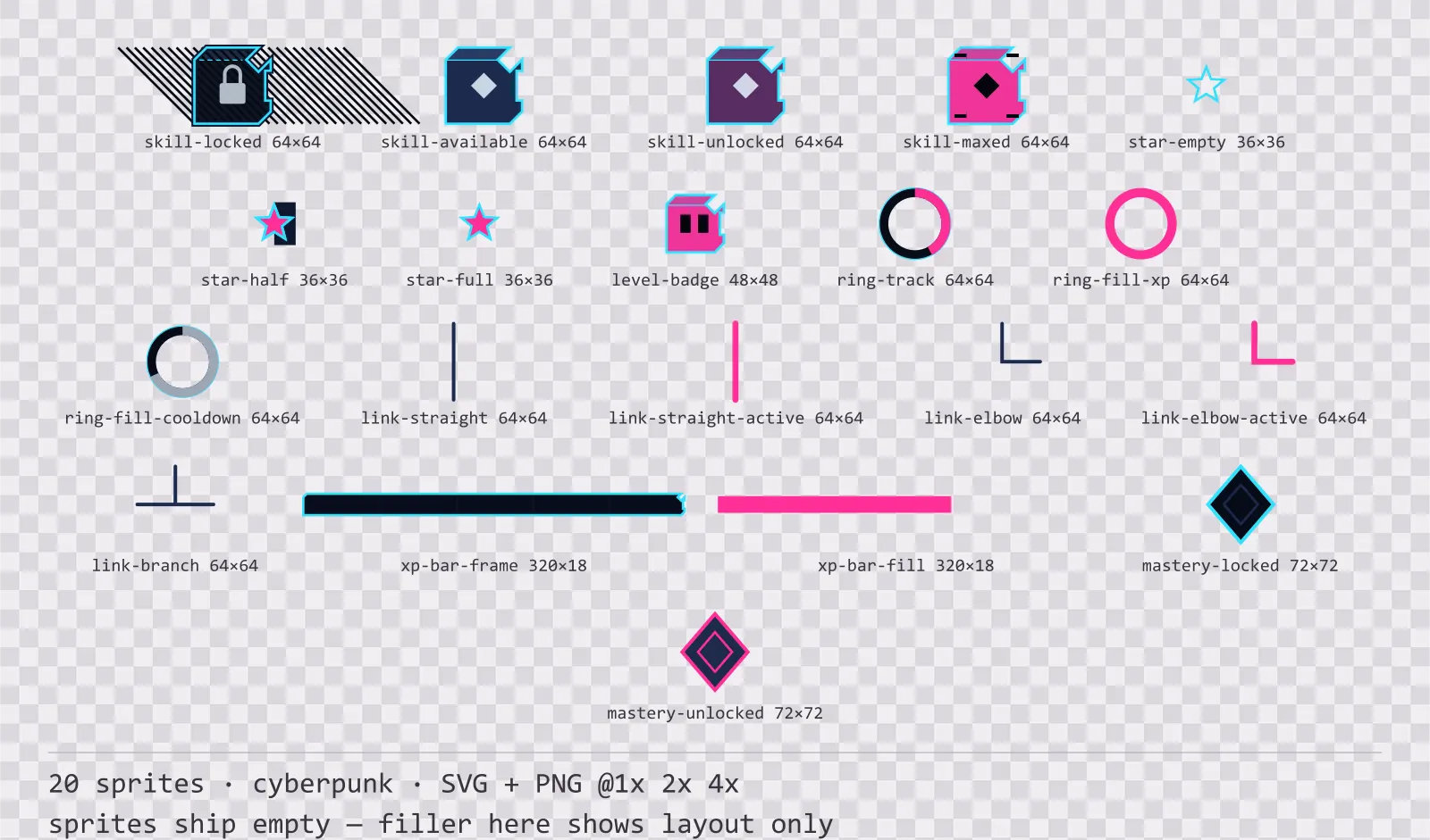 Sheet showing 20 cyberpunk progression and reward components from the Nightcity family, arranged on a transparency checkerboard with their pixel sizes printed underneath