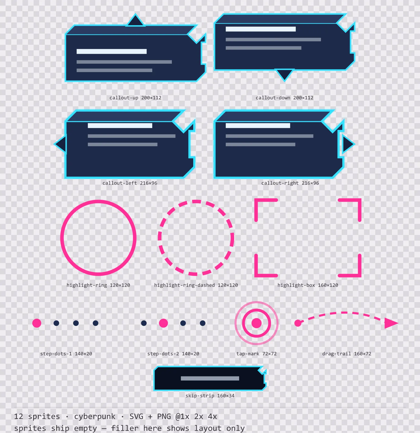 Sheet showing 12 cyberpunk tutorial and onboarding markers from the Nightcity family, arranged on a transparency checkerboard with their pixel sizes printed underneath