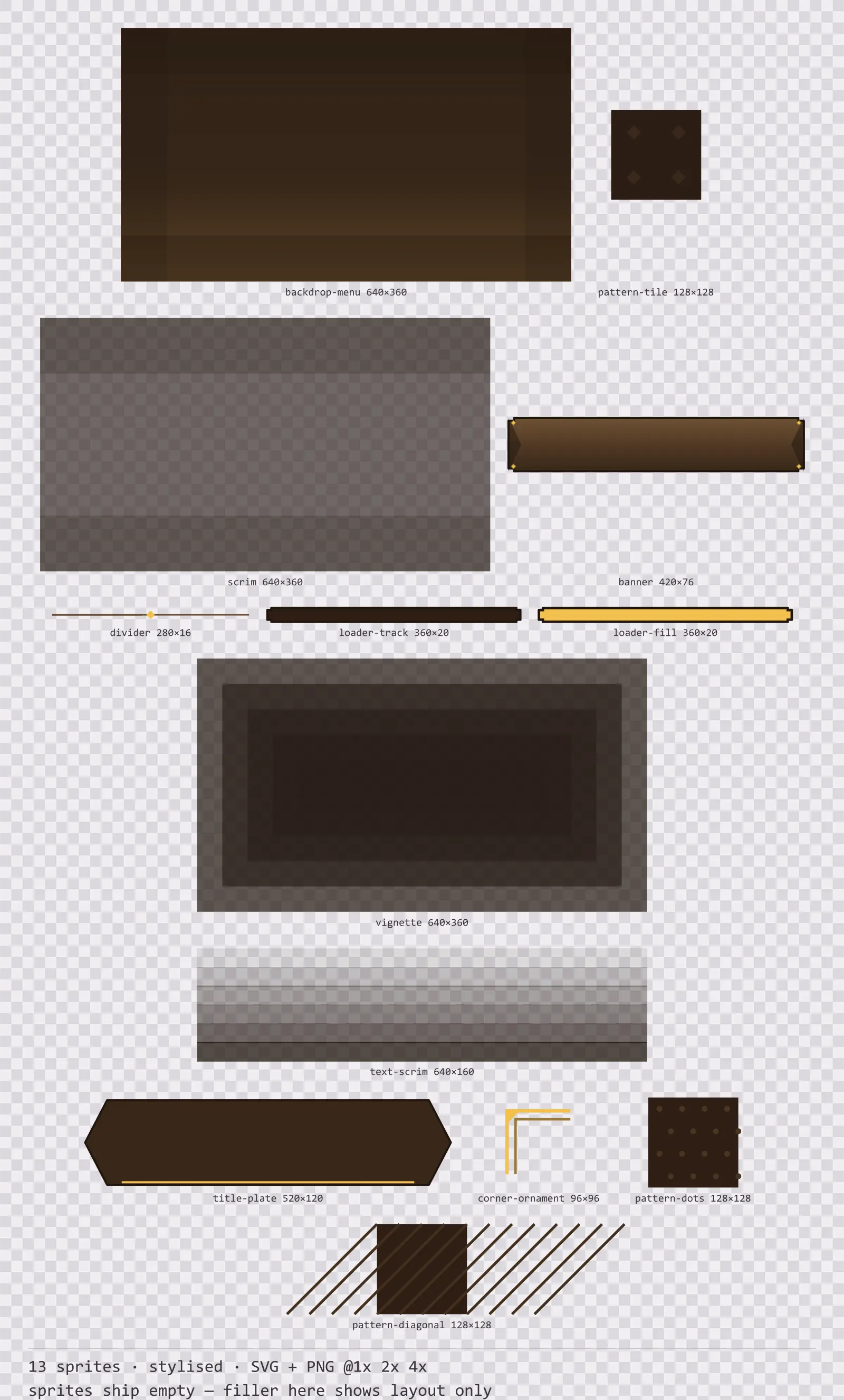 Sheet showing 13 stylised background and overlay pieces from the Oak family, arranged on a transparency checkerboard with their pixel sizes printed underneath