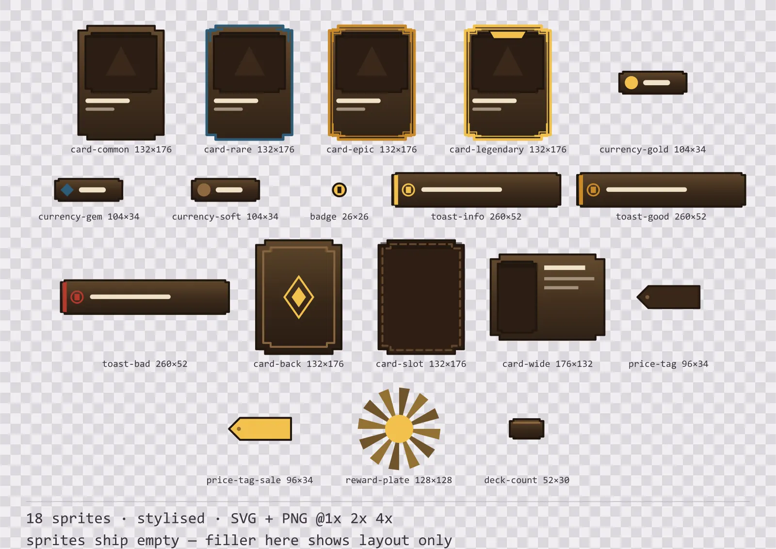 Sheet showing 18 stylised card, currency and notification components from the Oak family, arranged on a transparency checkerboard with their pixel sizes printed underneath