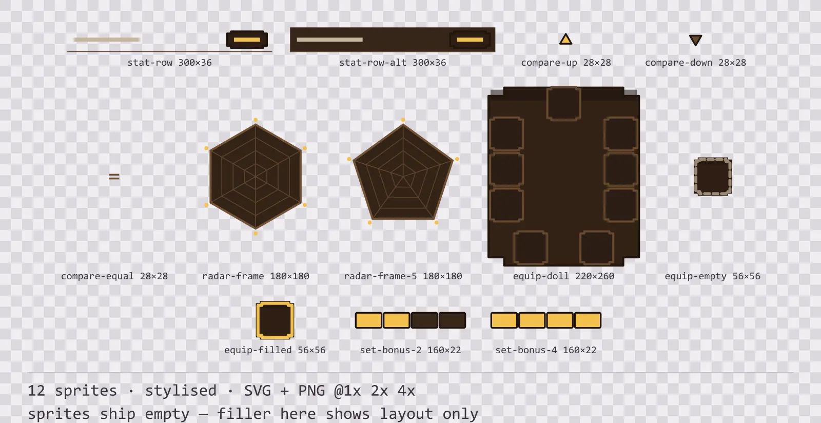 Sheet showing 12 stylised character sheet and stat widgets from the Oak family, arranged on a transparency checkerboard with their pixel sizes printed underneath