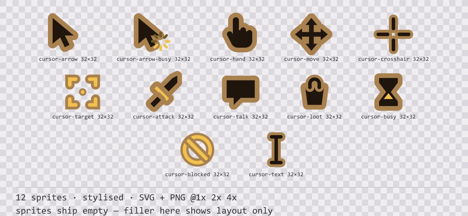 Sheet showing 12 stylised mouse cursors from the Oak family, arranged on a transparency checkerboard with their pixel sizes printed underneath